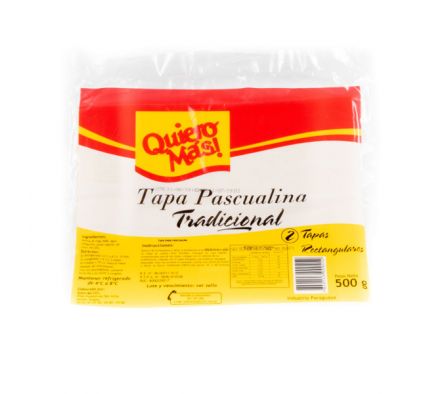 TAPA PASCUALINA RECTANG. QUIERO MAS 32 CM X UND.